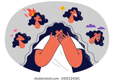 Stressed young woman suffer from mood swings having bipolar disorder. Unhappy girl struggle with mental psychological problems. Vector illustration.