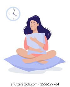 Stressed young woman suffering from the insomnia. Girl with no sleep at night. Tired sleepy character. Flat illustration