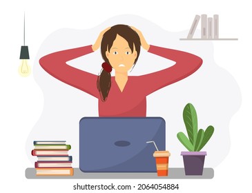 Stressed young woman at workplace holding her head, freelance work concept, flat vector illustration