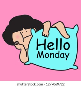 Stressful Boring Girl Hugging Pillow With Hello Monday Text On It Concept Card Character illustration