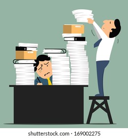 Stressful Business Man In Office With Too Many Stack Of Paper And Folder On His Desk. Business Concept In Overload Work And Very Busy. 