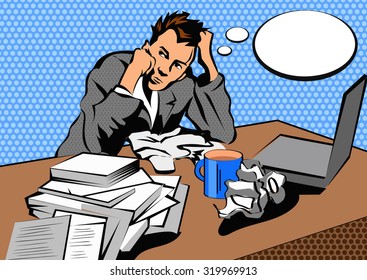 Stressful Business Man In Office With Too Many Stack Of Paper And Folder On His Desk. Pop Art Style. 