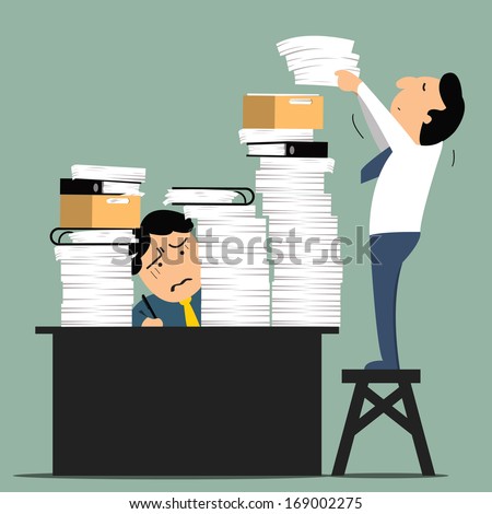Stressful business man in office with too many stack of paper and folder on his desk. Business concept in overload work and very busy. 