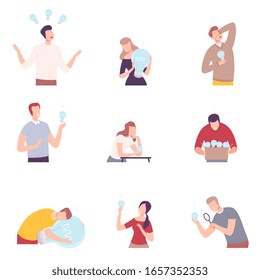 Stressful Business People Having No Ideas Set, Unsuccessful Men and Women Holding Off Light Bulbs Flat Vector Illustration