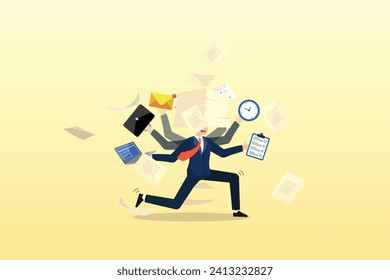 Stressful businessman carry busy work to finish, busy work and multitasking employee, hurry to finish many documents within deadline and schedule, overworked or exhausted from overload tasks (Vector)