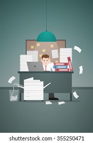 Stressful Businessman In Office With Too Many Stack Of Paper And Folder On His Desk. Vector Illustration.