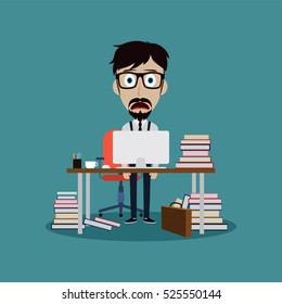 stressful businessman working behind office desk vector art