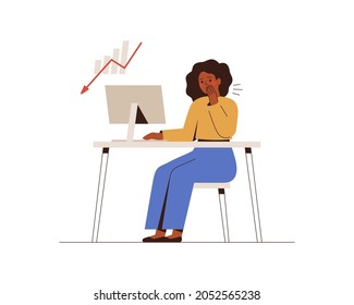 Stressful businesswoman looks at the falling red trading graph. Investor in panic loses her money or profit on the stock market. Business problems and economic crisis. Vector illustration