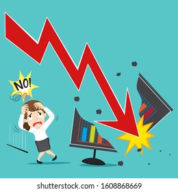 Stressful businesswoman with market graph down, illustration vector cartoon