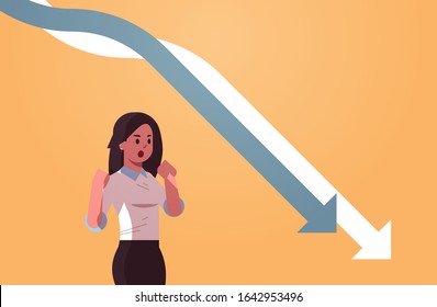 stressful businesswpman looking at falling down economic arrows chart graph financial crisis bankrupt investment failure risk concept portrait horizontal vector illustration