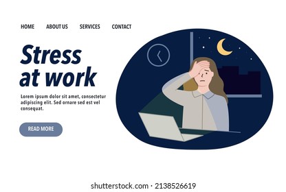 Stressful condition at workplace Landing Web Page template. Tired sleepy businesswoman working alone with computer at night in office. Overwork, burnout concept. Flat vector isolated illustrations.