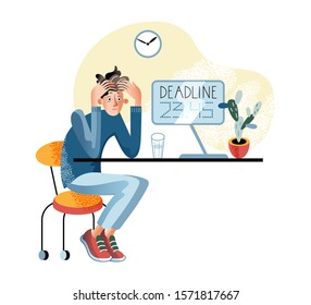 Stressful deadline flat vector illustration. Young man sitting in despair watching approaching deadline time cartoon character. Frustrated worker, student panicking about missed incomplete assignment