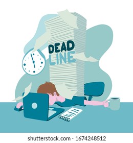 Stressful deadline flat vector illustration. Man overwork in office, overload paperwork, report, overwhelmed by work young businessman. Time management, deadline. Business person. Work burnout.