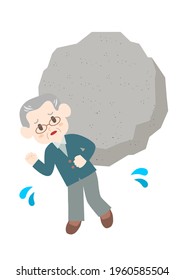 Stressful elderly man. Heavy stress like rock. Vector illustration. 