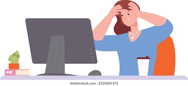 Stressful female worker. Tired woman at computer desk isolated on white background
