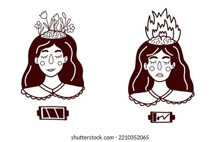 Stressful girl with burnout and happy relaxed girl. Well-being concept. Mental health concept