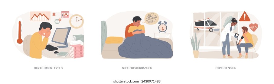 Stressvolle Leben isoliert Konzept Vektor Illustration Set. Hohe Stresslevel, Schlafstörungen, Hypertonie, digitale Überlastung, psychische Gesundheit, hoher Blutdruck, Schlaflosigkeit Vektorkonzept.