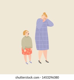 Stressful mom and little crying girl. Children's whims