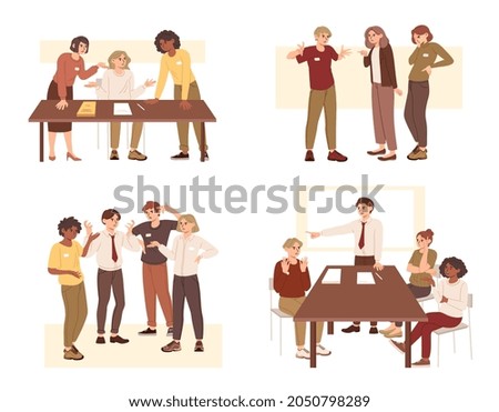 Stressful office environments. Conflicts between colleagues, disgruntled employees, emotions. Workshops, business, presentation, communication. Cartoon vector illustration isolated on white background