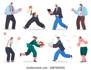 Stressful running businessmen holding stack of paper, briefcase overload work and very busy concept. Business people set stress at work because of the deadline and office chaos, late for the meeting