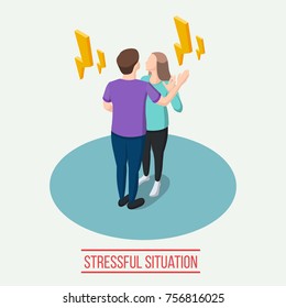 Stressful situation isometric composition with yellow lightnings around man and woman during emotional communication vector illustration