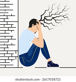 Stressful situation. Man thinking. Male character with broken life. EPS 10.