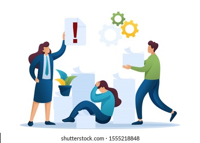 Stressful situation of the office, depression at work, a large number of reports. Flat 2D character. Concept for web design.
