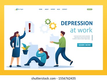Stressful situation of the office, depression at work, a large number of reports. Flat 2D character. Landing page concepts and web design.
