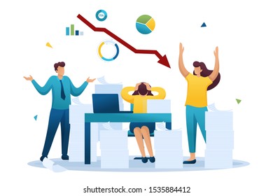 Stressful situation on the background of falling stock prices, the company's employees in a panic. Flat 2D character. Concept for web design
