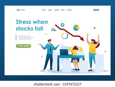 Stressful situation on the background of falling stock prices, the company's employees in a panic. Flat 2D character. Landing page concepts and web design