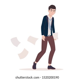 La situación del trabajo es estresante. Hombre de negocios cansado y sobrecargado de trabajo. Trabajador de oficina ocupado con problemas, depresión, melancolía. Tensión empresarial, fracaso. Descarga profesional. Dibujo vectorial plano.