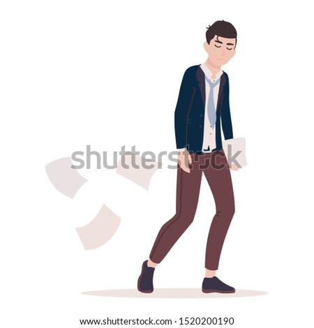Stressful situation on work. Overworked and tired businessman. Busy office worker with problem, depression, melancholy. Business stress, fail. Professional Burnout. Flat cartoon vector illustration.