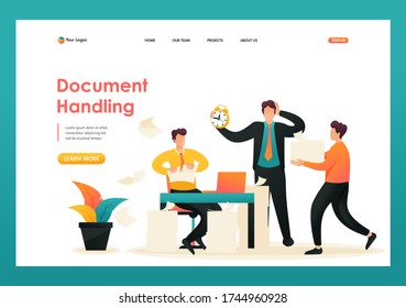 Stressful situation, process of collecting documents for the report. Flat 2D character. Landing page concepts and web design