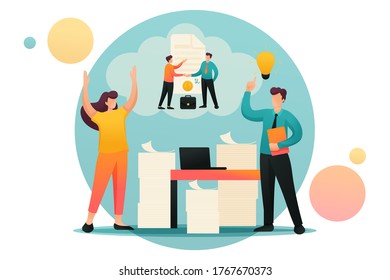 Stressful situation, solution of the problem by employees of the company. Flat 2D character. Concept for web design