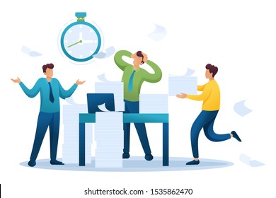 Stressful situation at work reporting deadline, employees in panic. Flat 2D character. Concept for web design