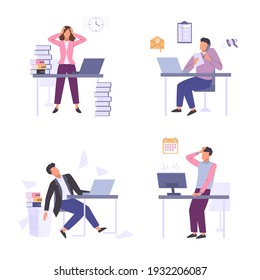 Stressful situations work set. Female character holding his head in despair from overwork man overloaded with business affairs and excess assigned tasks lack of time for deadline. Vector overwork.