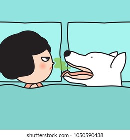 Stressful Woman Angry Her Dog Face Boyfriend Who Opening Smelly Mouth While Awakening. Concept Of Morning Bad Breath Card Character Illustration