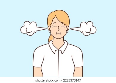 Stressful woman with smoke coming from ears feeling furious and mad. Unhappy girl suffer from madness and anger. Emotional control and fury. Vector illustration. 