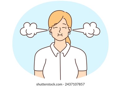 Stressful woman with smoke coming from ears feeling furious and mad. Unhappy girl suffer from madness and anger. Emotional control and fury. Vector illustration.