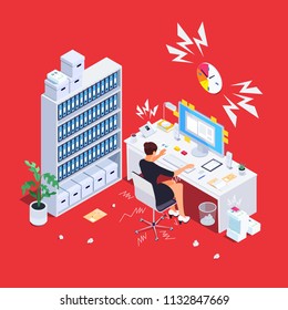 Stressful woman at work. Busy businesswoman in hard working. Deadline project. Vector illustration.