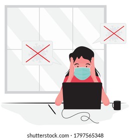 A stressful women is working in computer while wearing mask following new normal policy