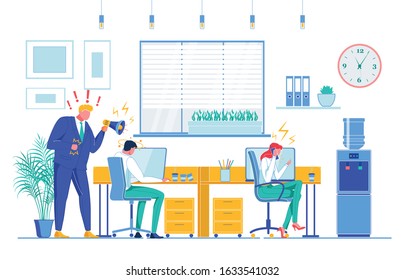 Stressful Work, Pressure Flat Vector Illustration. Office Workers, Director with Megaphone, Executive and Subordinates Faceless Characters. Noisy Tense Atmosphere, Concentration Inability Concept