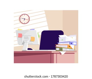 Stressful work semi flat vector illustration. Unorganized workplace 2D cartoon interior for commercial use. Stress factors in office. Paperwork overload, overworking problem. Business trouble