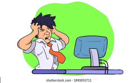 Trabajador estresante trabajando con computadora en la oficina. Ilustración dibujada a mano por hombre en exceso
