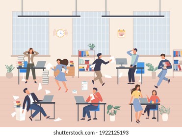 Stressful working day in office illustration. Running male and female characters overwhelmed with tasks cannot withstand psychological stress deadlines delivery project. Vector overwork.