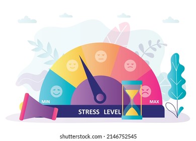 Stressmeter shows level of stress. Arrow indicates mild irritation. Indicator shows emotional state. Mental problem. Minimum and maximum stress levels. Various external stimuli. Vector illustration