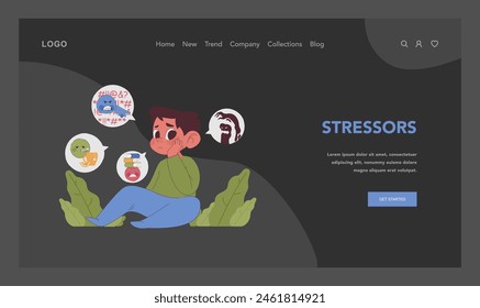 Stressors dark or night mode web, landing. Little boy amidst daily pressures: fears and phobias, sickness, conflicts and aggression, school pressure. Mental strain. Flat vector illustration