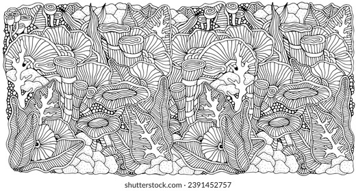 Stressrelief, horizontal ethnic abstract background. Hand-drawn, floral, retro, doodle, vector, zentangle design element. Adult coloring book page.