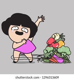 Stresssful Sadness Crying Woman Tied Up With Pile Of Veggie By Rope Asking For Help. Concept Of Hopeless Weight Watcher Card Character illustration