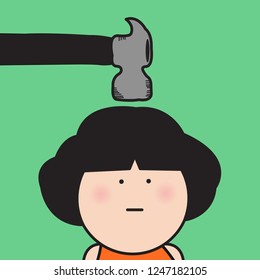 A Stresssful Woman With Stillness Facial Expression Symbolize By A Hammer Beating Hitting On Her Head Concept Card Character illustration